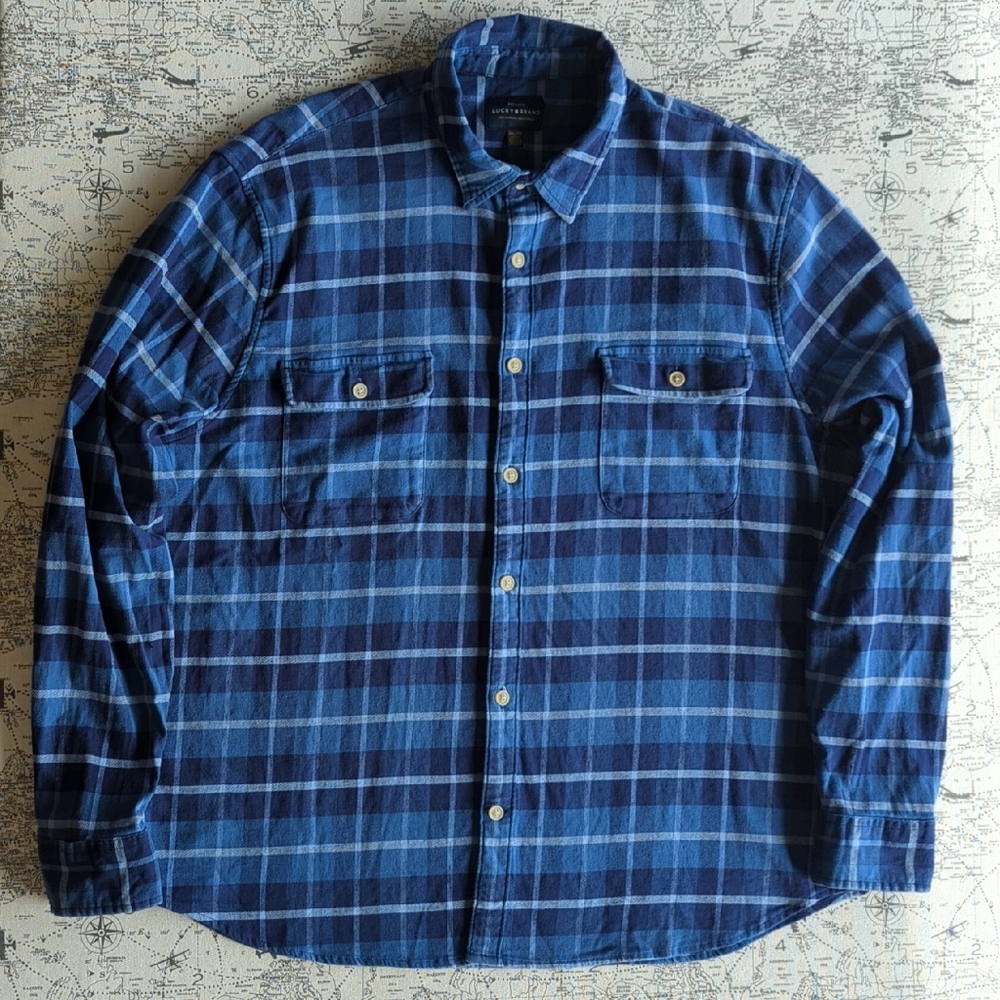 Lucky Brand Navy and Light Blue Plaid Flannel Size XXL